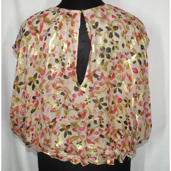 Diane Von Furstenberg Silk Blouse Cream Gold Pink Floral Drawstring, Size 12 - Picture 6 of 13